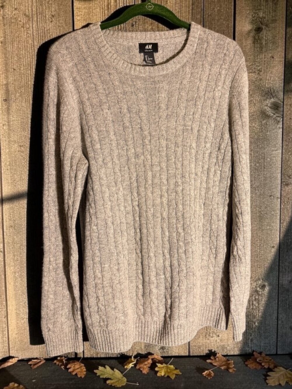 H&M Gray Melange Cable Knit Crew Neck Wool Blend Sweater Sz L